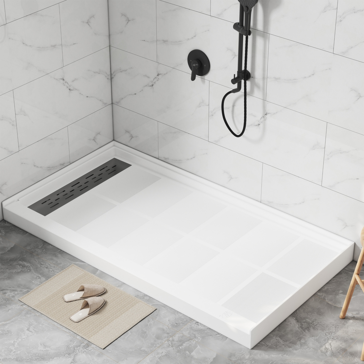 60"W X 32"D Solid Surface Single Threshold Shower Base Anti-Slip Shower Pan, Drain Assembly & Drain Cover Included - White