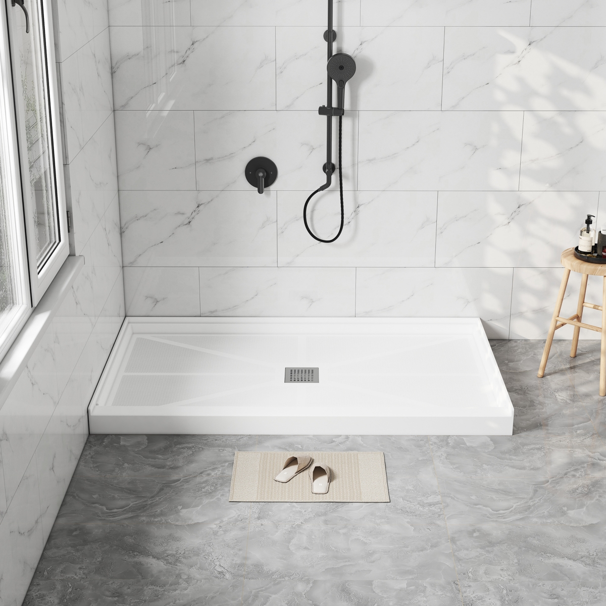 Casainc 60"W X 36"D Smc Single Threshold Shower Base Anti-Slip Shower Pan, Drain Assembly & Drain Cover Included