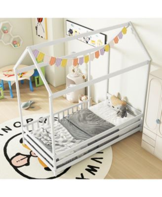 Twin Size Kids House Bed Wooden Floor Bed with Roof and Full-length Safety Guardrail