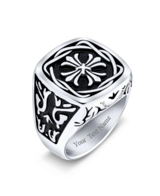 Large Medieval Viking Maltase Fleur De Lis Cross Square Signet Band Ring Oxidized Silver Tone Stainless Steel