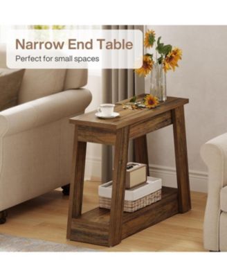 Wood End Table, Small Side Table with 2 Storage Shelves, Rustic Accent Narrow Nightstand for Living Room, Bedroom
