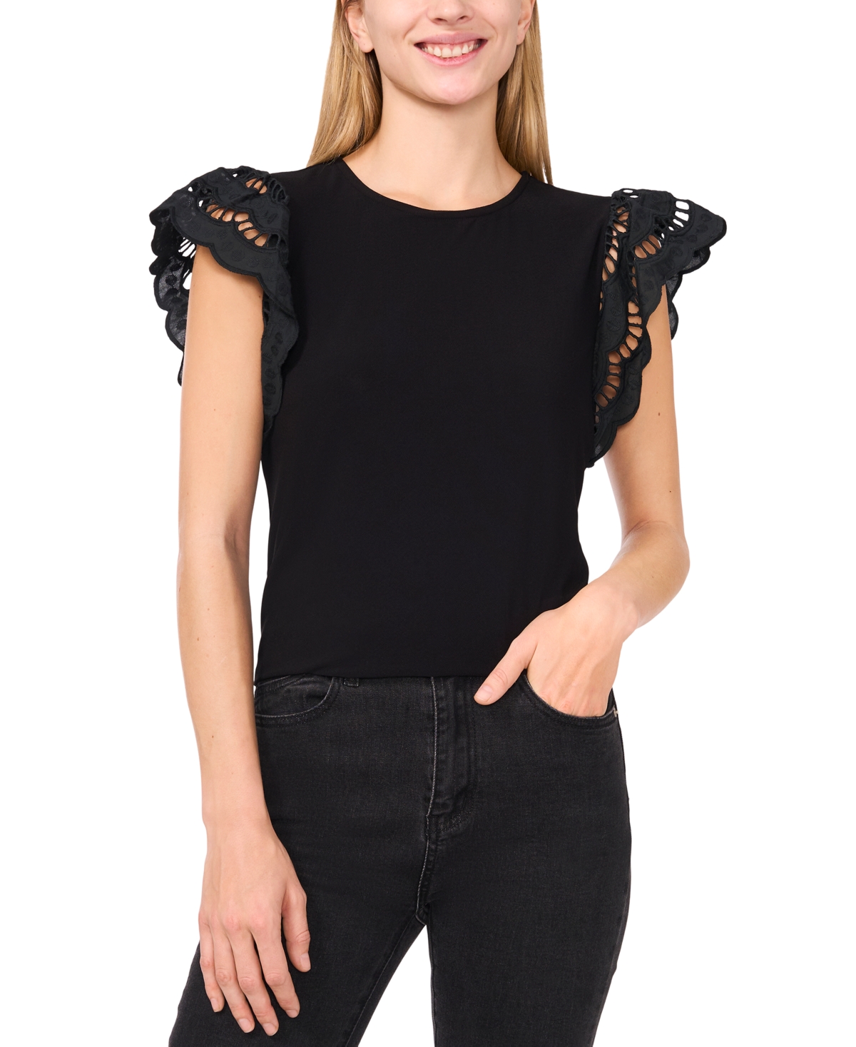 Cece Embroidered Flutter Sleeve Mixed Media Top In Black