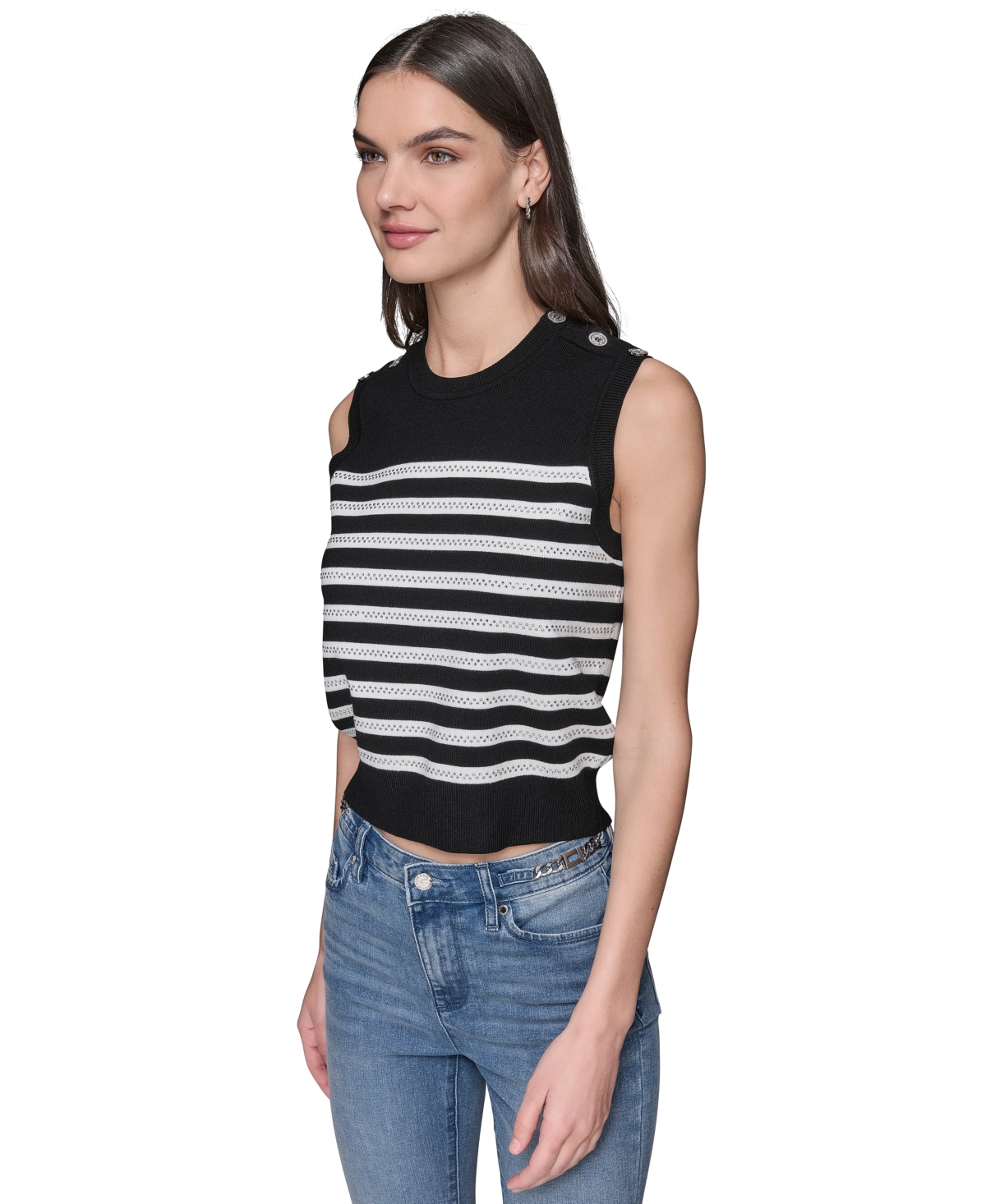 Karl Lagerfeld Women's Striped Crystal-button Sleeveless Sweater In Black  Soft White