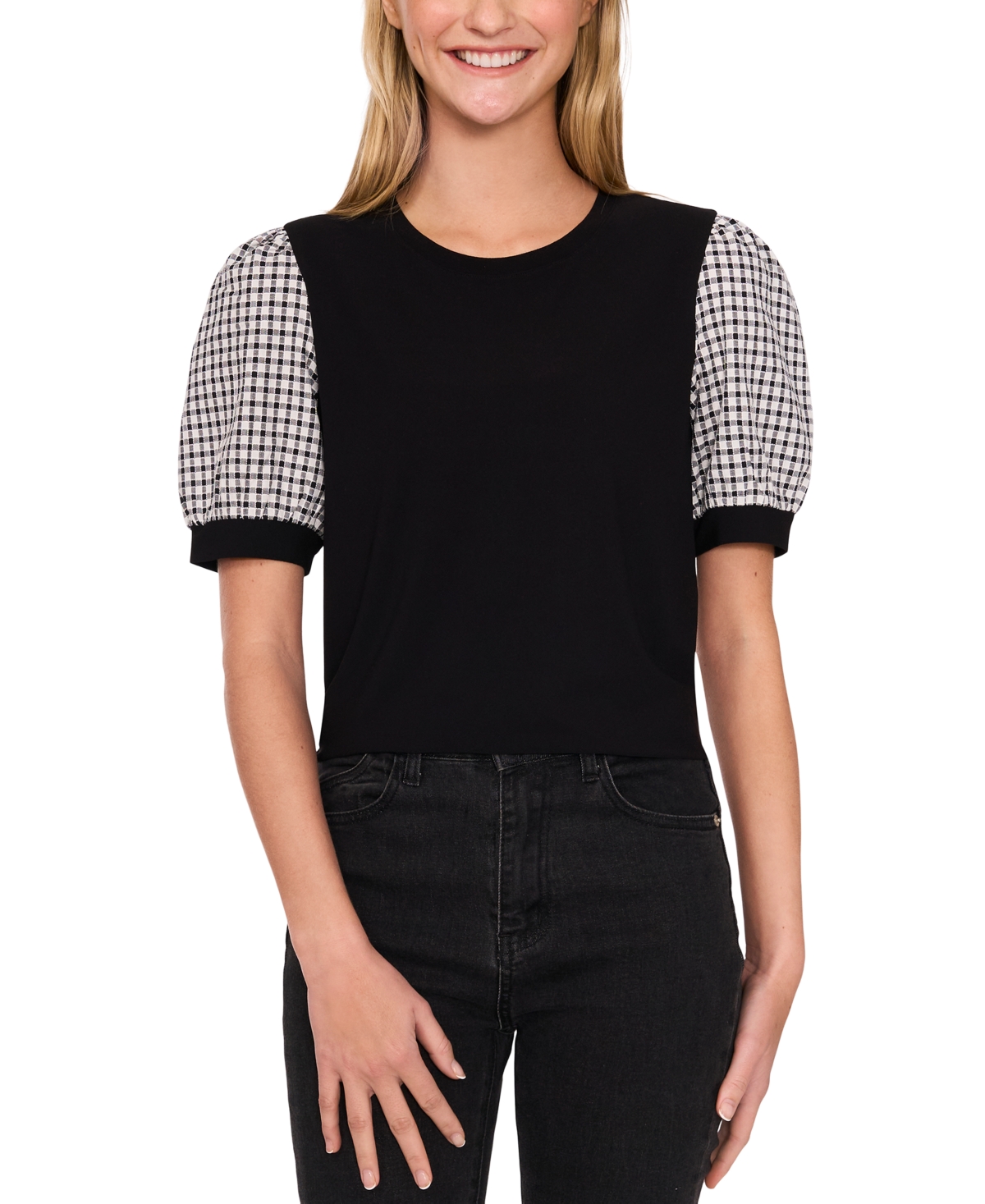 Women's Short-Puff-Sleeve Mixed-Media Top - Rich Black