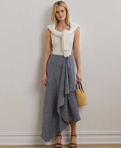 alfani Lauren Ralph Lauren Women's Striped Linen A-Line Midi Skirt Women's Fashion Shoes & Accessories