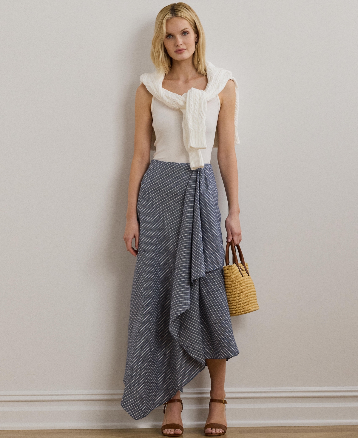 Women's Striped Linen A-Line Midi Skirt - Blue/White