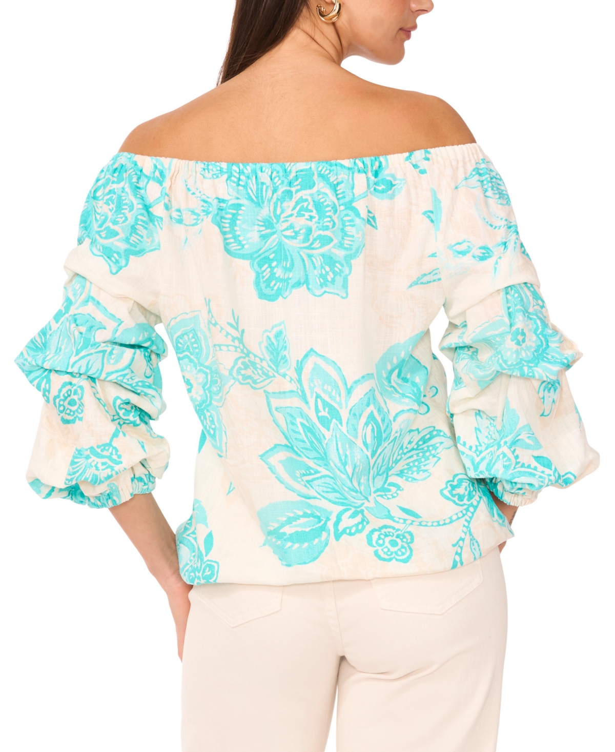VINCE CAMUTO WOMEN'S FLORAL LINEN-BLEND OFF-THE-SHOULDER BUBBLE 3/4-SLEEVE TIE-FRONT BLOUSE 
