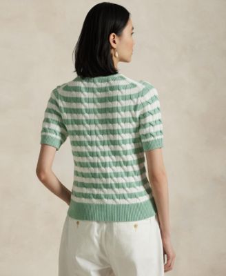 Women's Striped Cable-Knit Short-Sleeve Cardigan Sweater