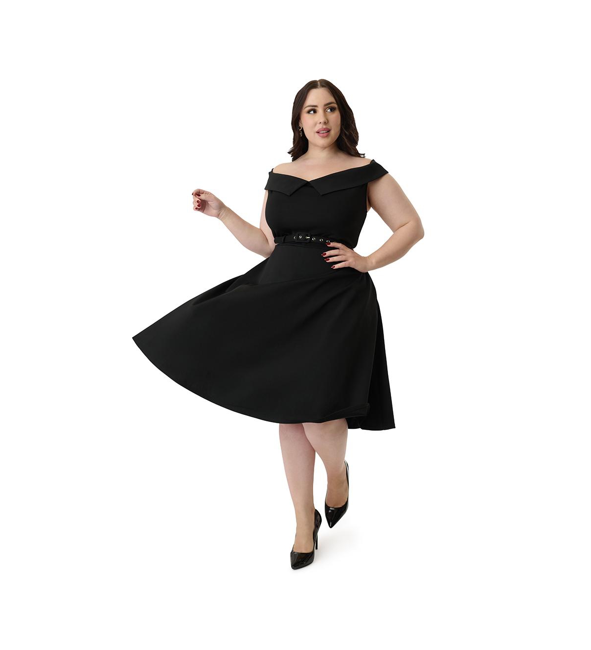 Plus Size Off the Shoulder Swing Dress - Black