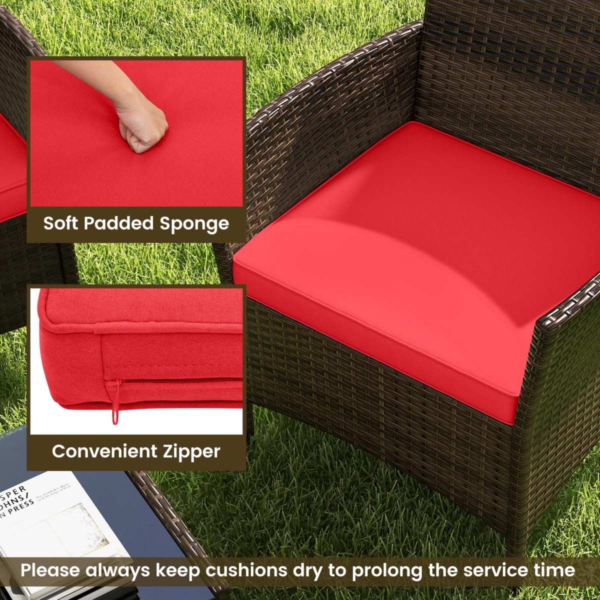 4PCS Patio Rattan Furniture Set Cushioned Sofa Coffee Table Backyard