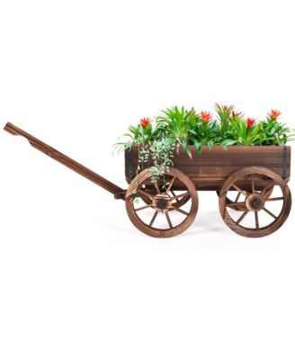Wood Wagon Flower Planter Pot Stand With Wheels