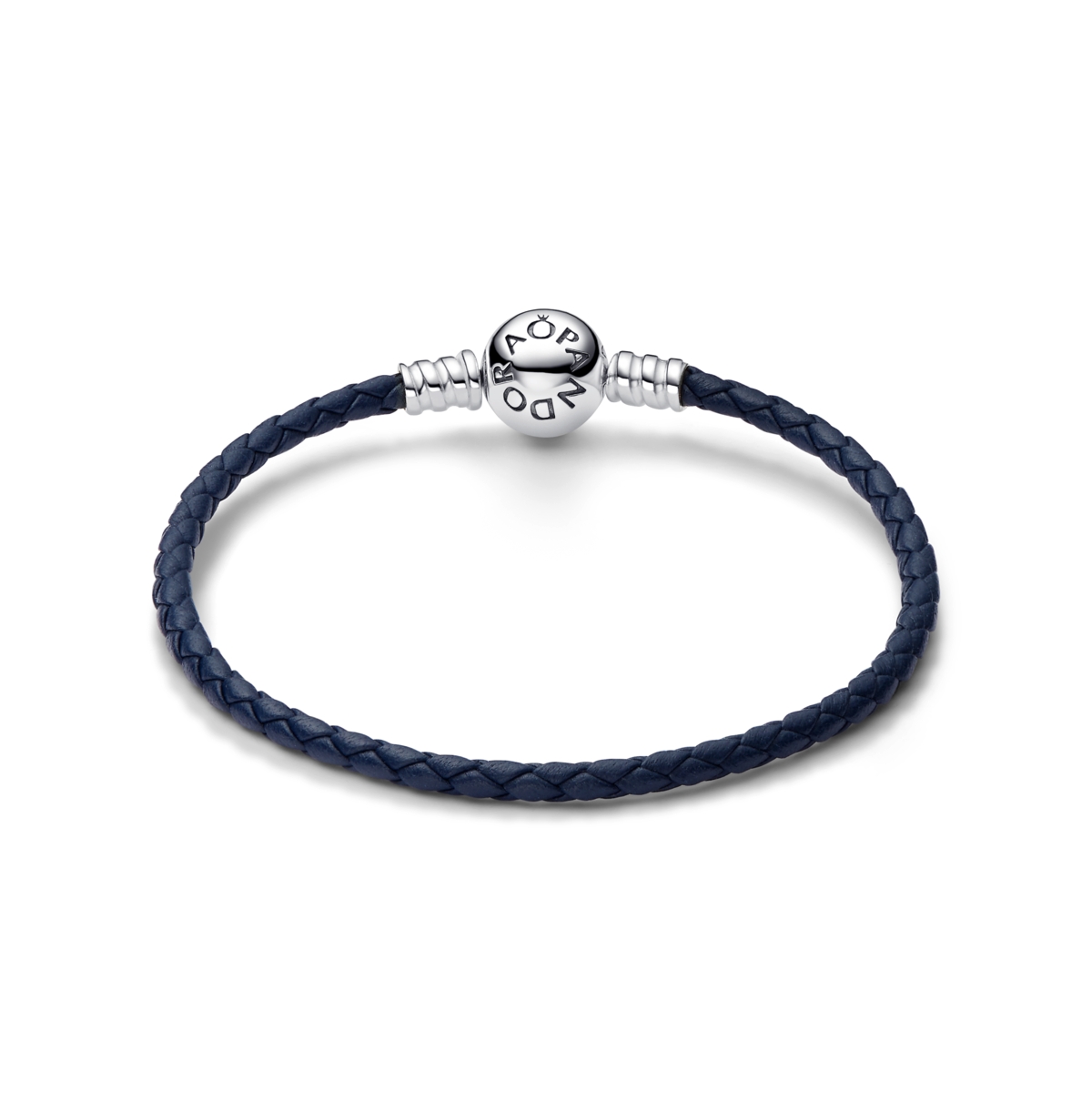 Pandora Moments Round Clasp Blue Braided Leather Bracelet In Sterling Silver