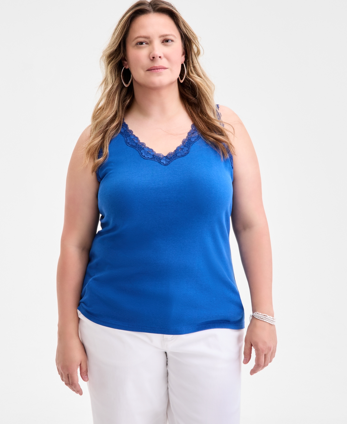Style & Co Plus Size Lace-trimmed Tank Top, Exclusively At Macy's In Blue