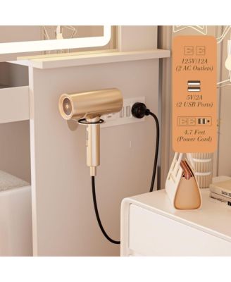 Vanity Desk with Sliding Mirror and LED Lights & Charging Station