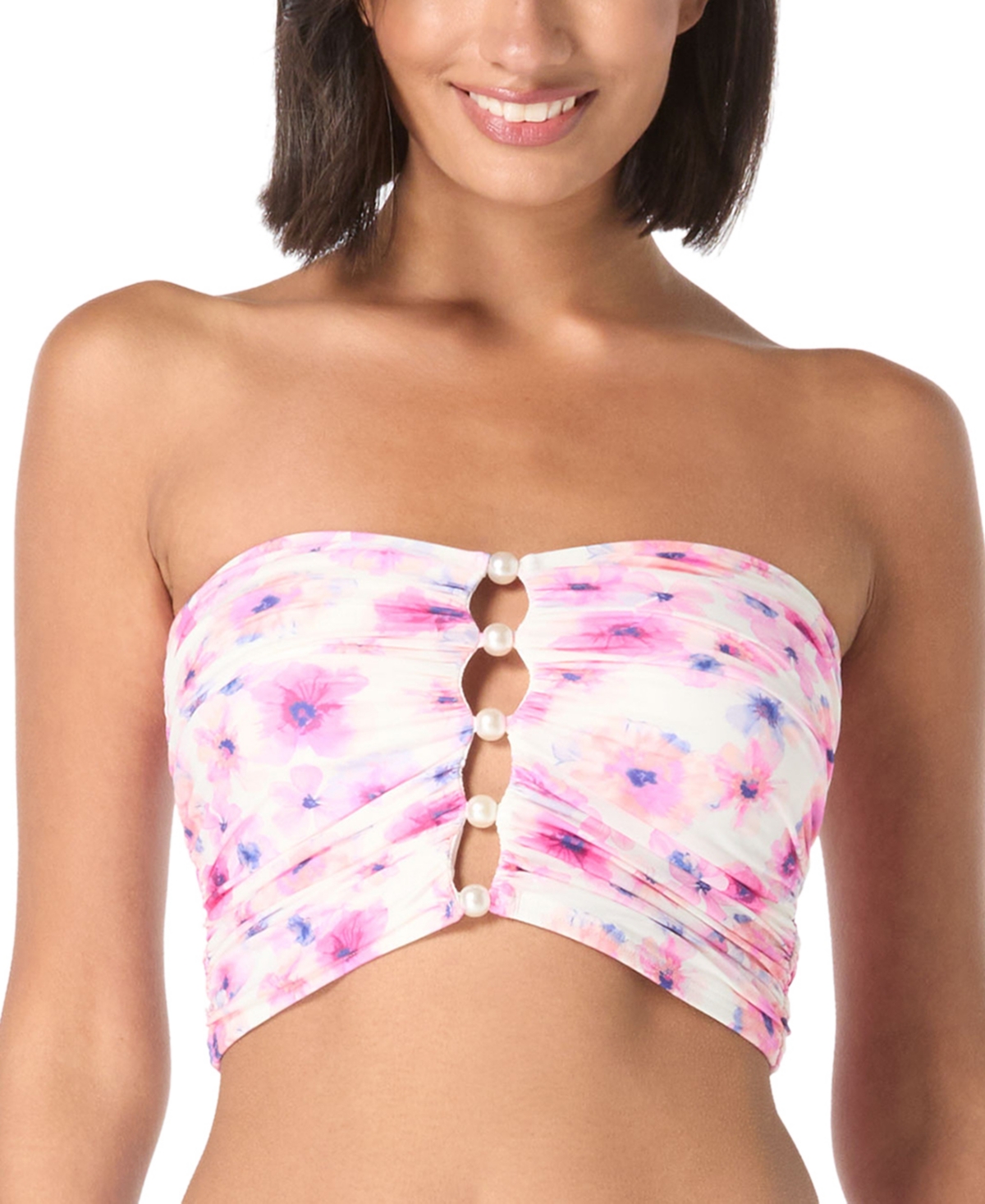 CARMEN MARC VALVO WOMEN'S PRINTED SHIRRED BANDEAU CROP BIKINI TOP 