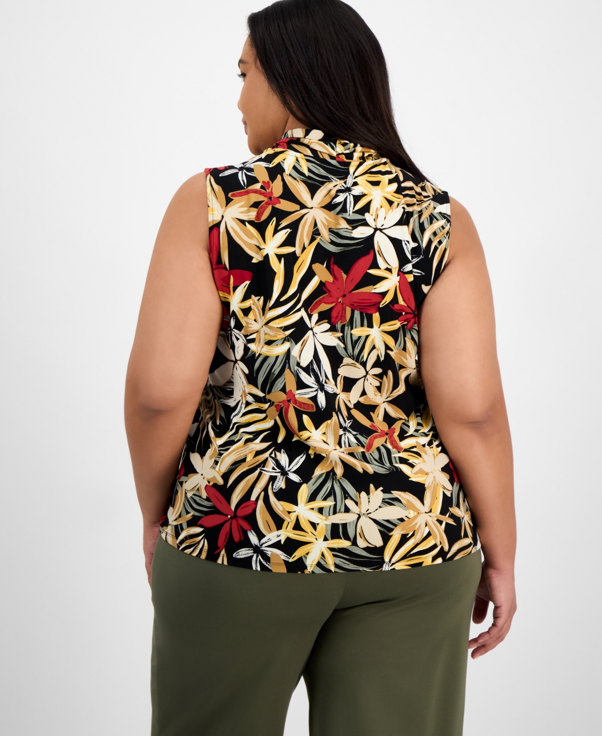 Anne Klein Plus Size Printed Triple-pleated V-neck Top