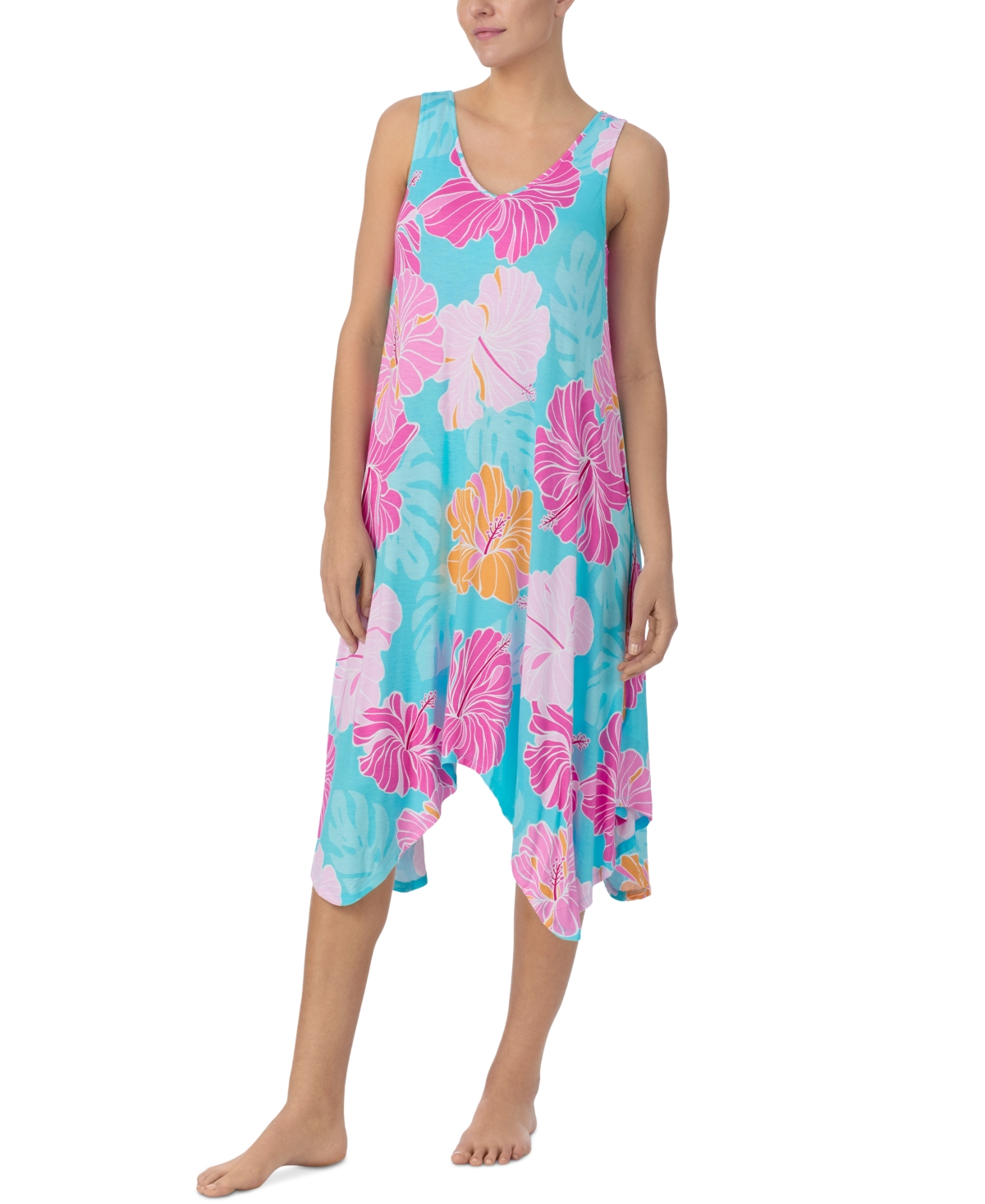 Ellen Tracey Women's Sleeveless Handkerchief-Hem Nightgown - Hibiscus Tropical