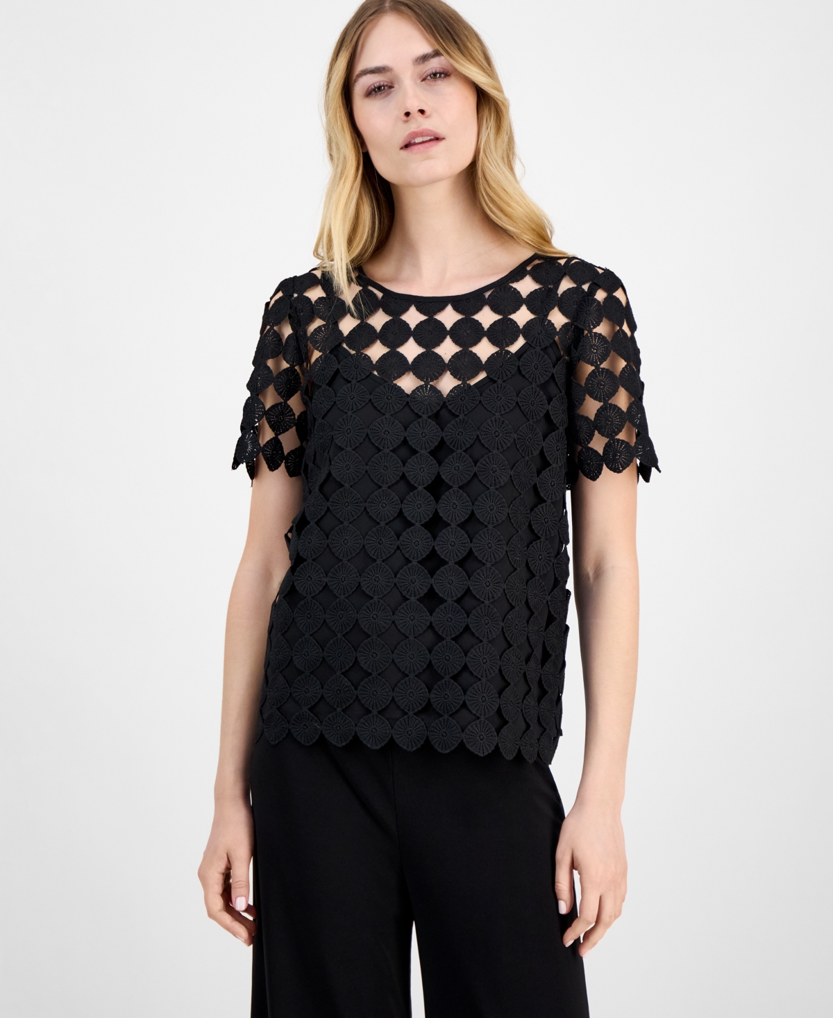 Women's Round-Neck Short-Sleeve Woven Lace Blouse - Anne Black