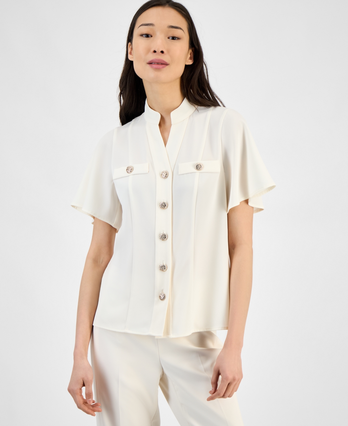 Petite High-Neck Button-Front Short-Sleeve Top - White Dove