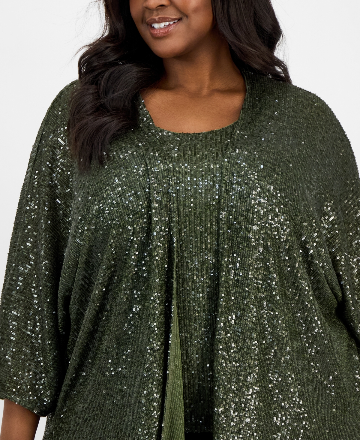 Anne Klein Sequin Draped Open Front Cardigan In Green