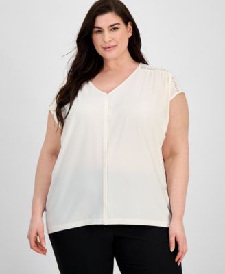 Anne Klein - Plus Size Lace-Trim V-Neck Cap-Sleeve Top