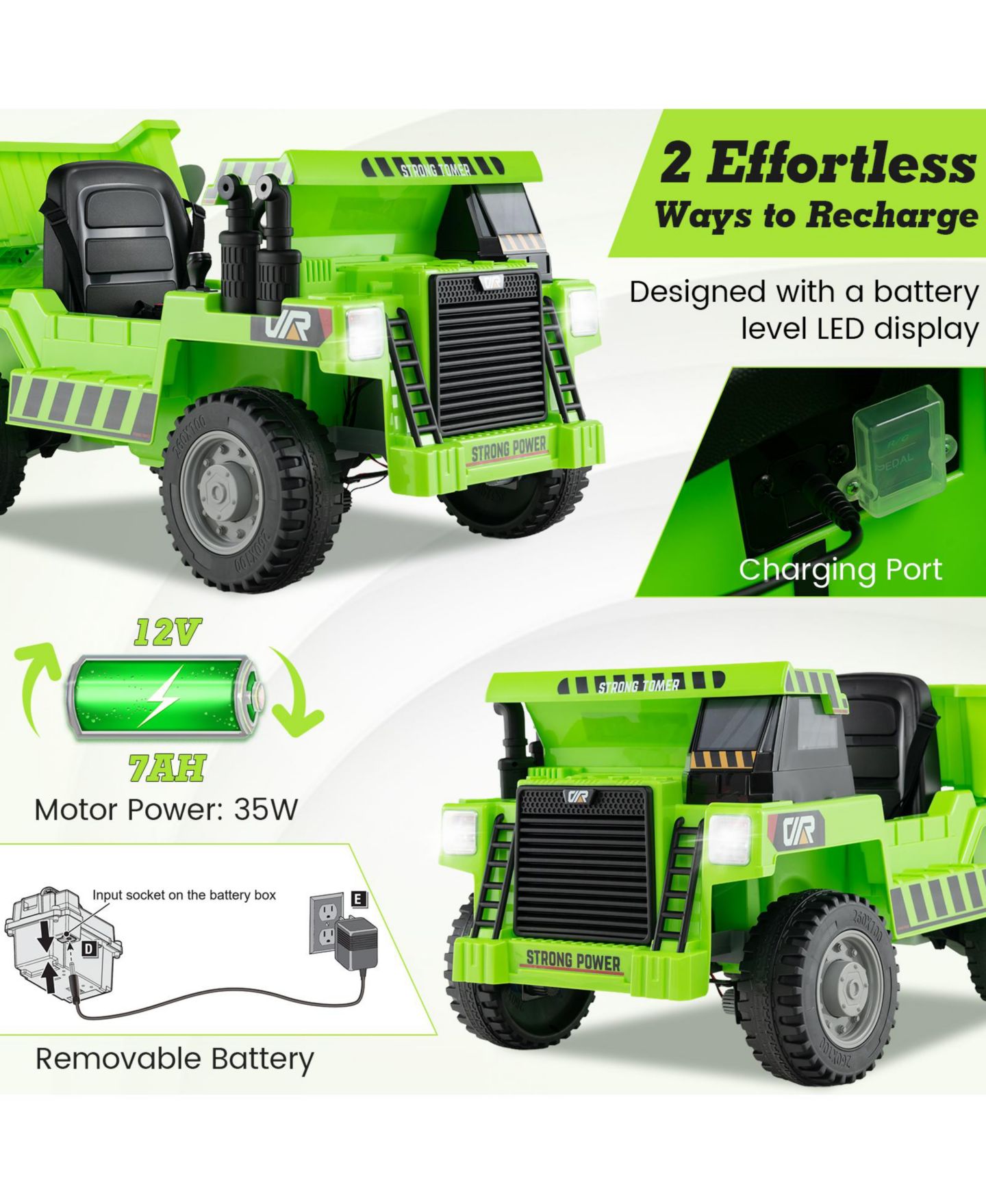 Детская игрушка HONGGE 12V Kids Ride-On Dump Truck with Electric Dump Bed and Remote, цвет: Зелёный — фото 5