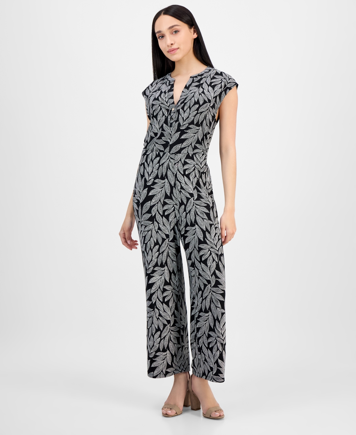 Shop Ak Anne Klein Petite Leaf-print Cropped Wide-leg Pull-on Pants