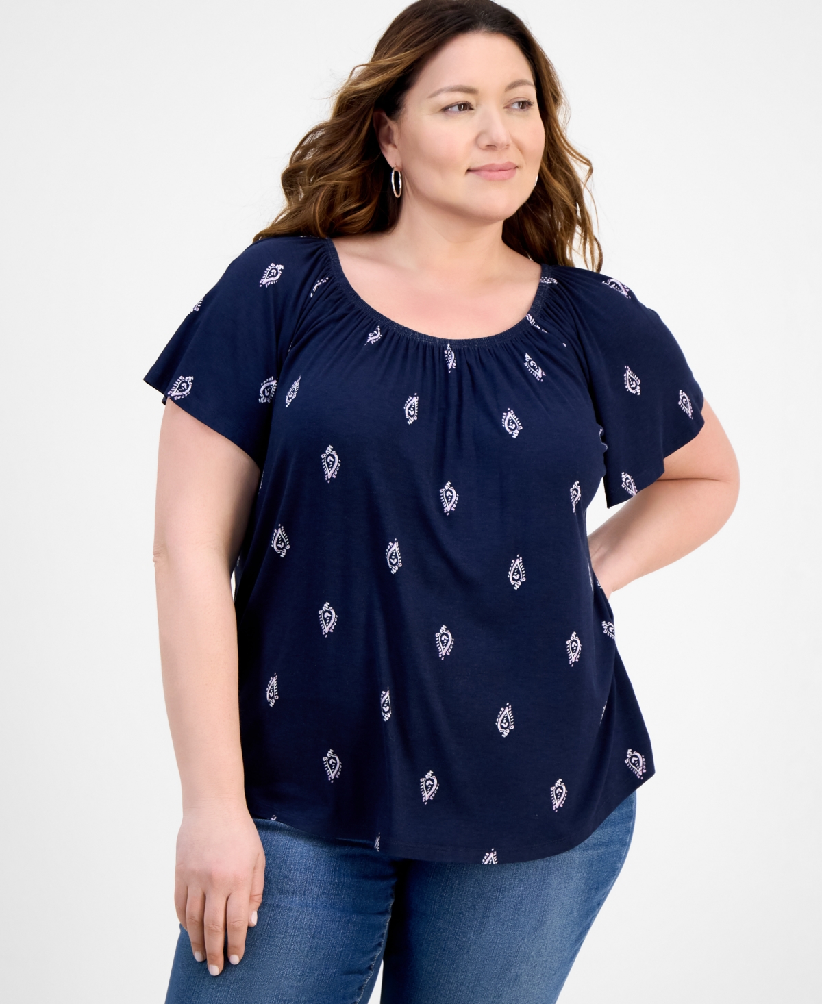 Plus Size Printed Scoop-Neck Shirred Top, Exclusively at Macy's - Industrial Blue Combo