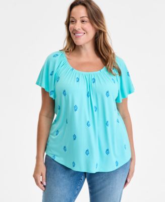 売れ筋商品|||スタイルアンドコー カットソー トップス レディース Women's Printed Shirred Scoop-Neck Top, Exclusively at Macy's Pacific Aqua Combo 32102143_fpx.tif?$filterlrg$&