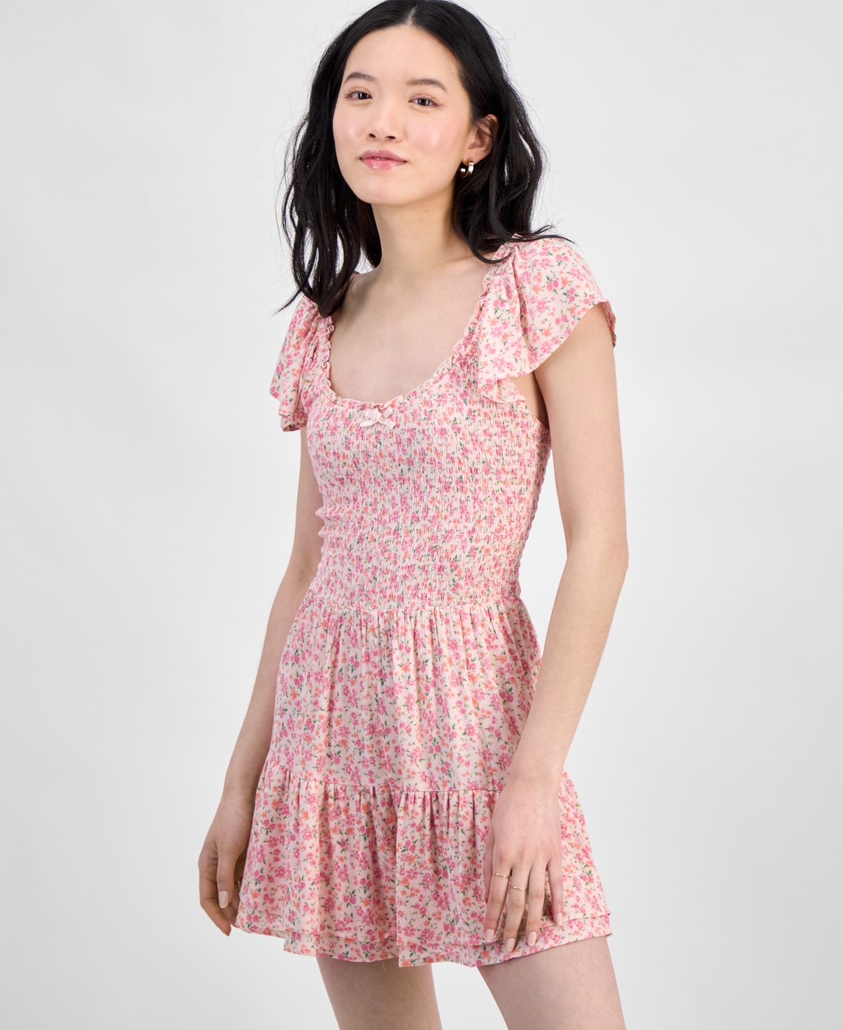 SELF ESTEEM JUNIORS' FLUTTER-SLEEVE SMOCKED RUFFLE-HEM ROMPER 