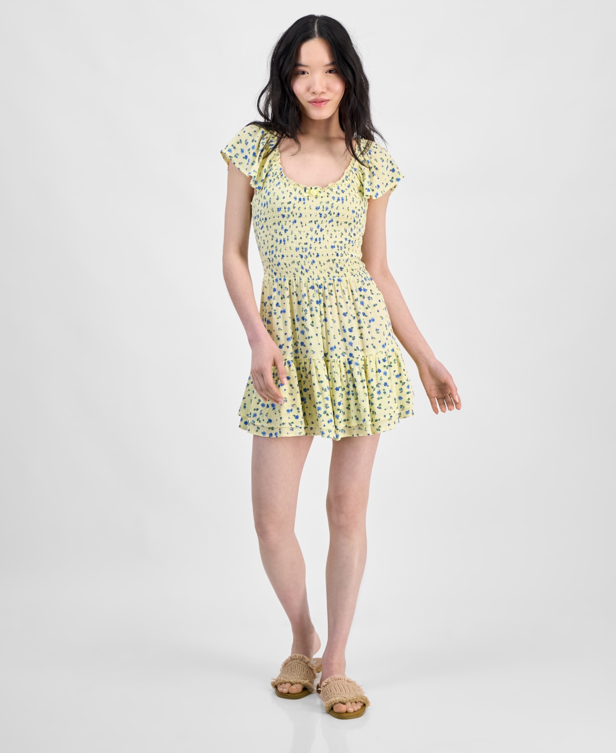 SELF ESTEEM JUNIORS' FLUTTER-SLEEVE SMOCKED RUFFLE-HEM ROMPER 
