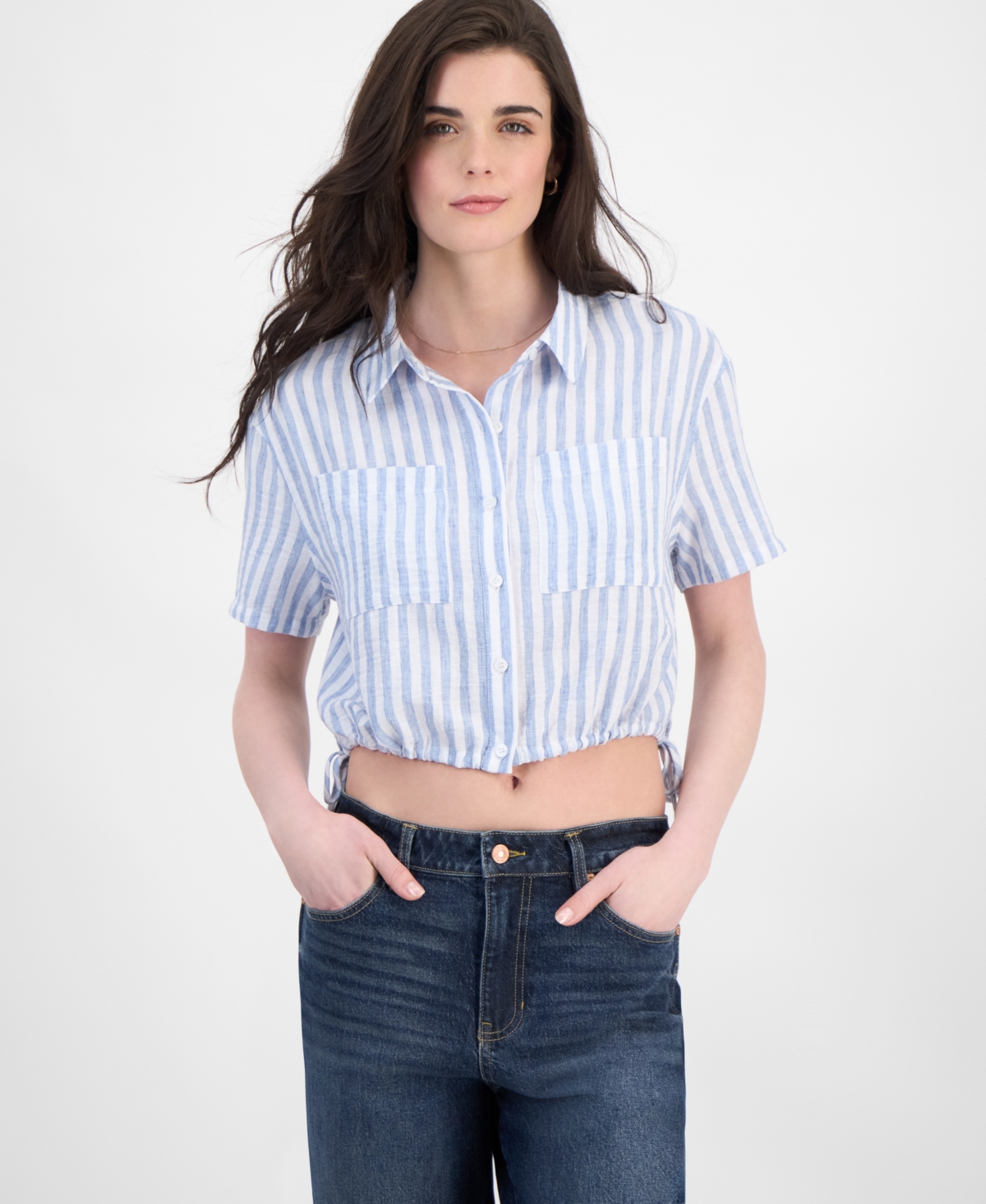 Ultra Flirt Juniors' Cropped Stripe Side-tie Blouse