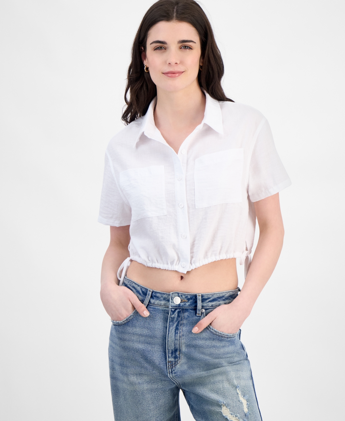 Ultra Flirt Juniors' Cropped Stripe Side-tie Blouse