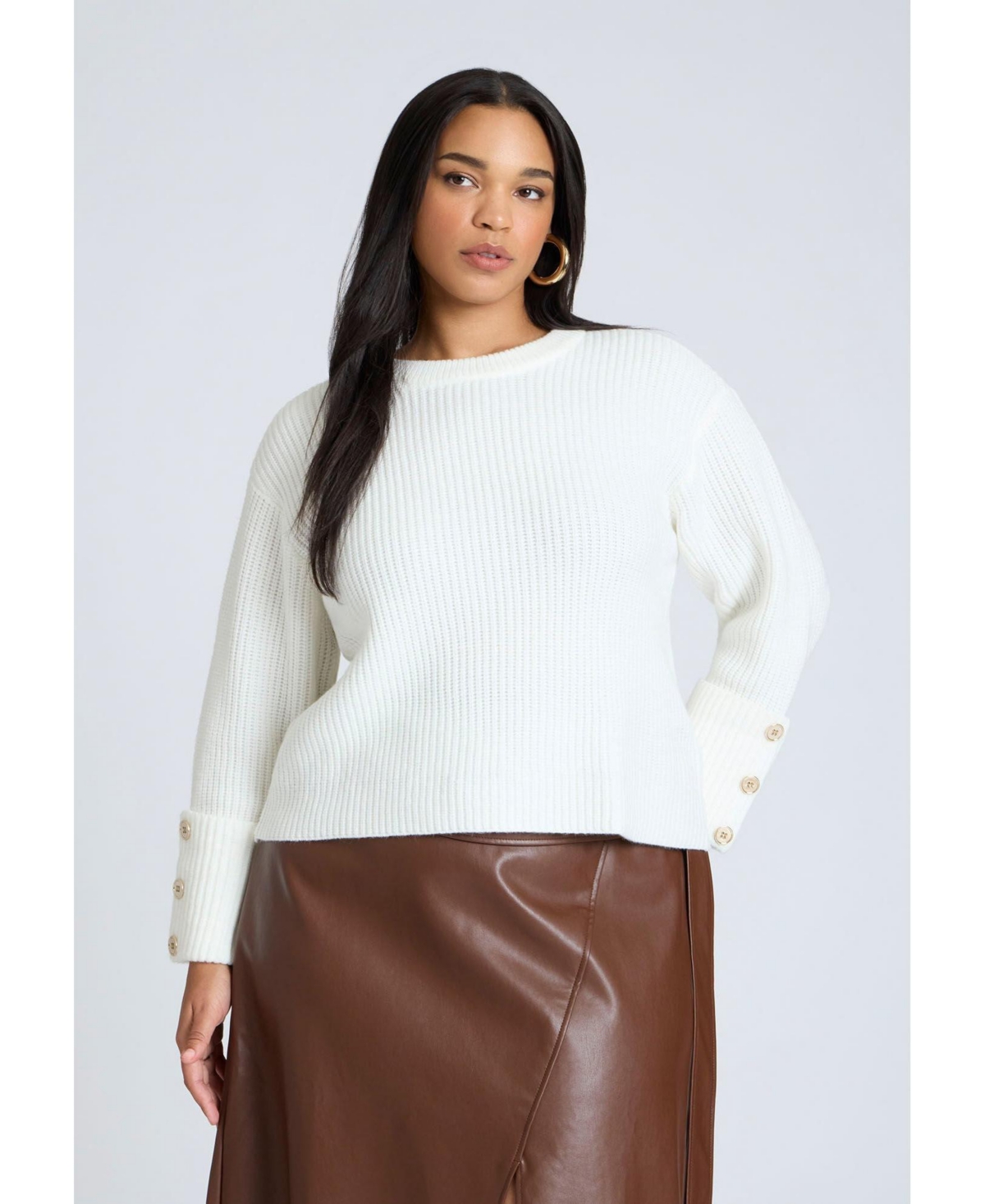 Plus Size Buttoned Sleeve Sweater - Dew
