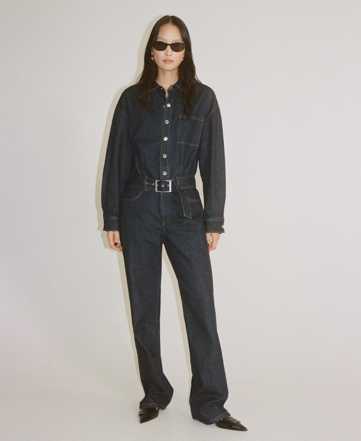 Mango Belted Long Sleeve Jumpsuit In Open Blue