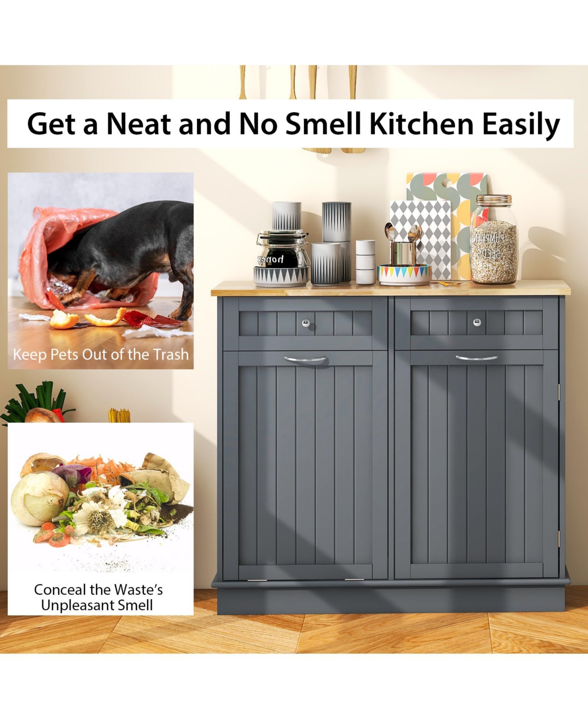 Rubber Wood Kitchen Trash Cabinet with Single Trash Can Holder and Adjustable Shelf