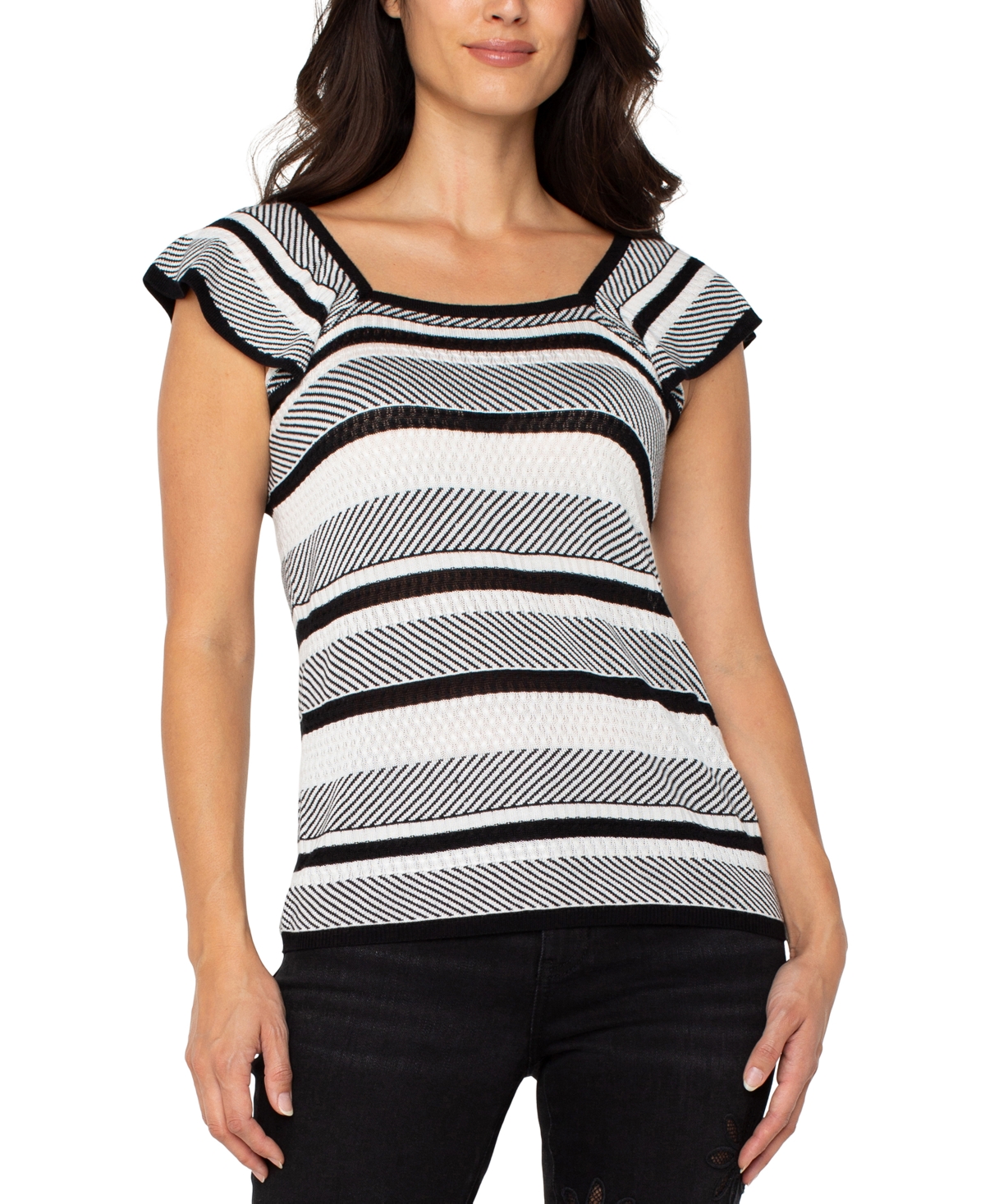 Liverpool Los Angeles Stripe Ruffle Sleeve Sweater In Black,white Stripe