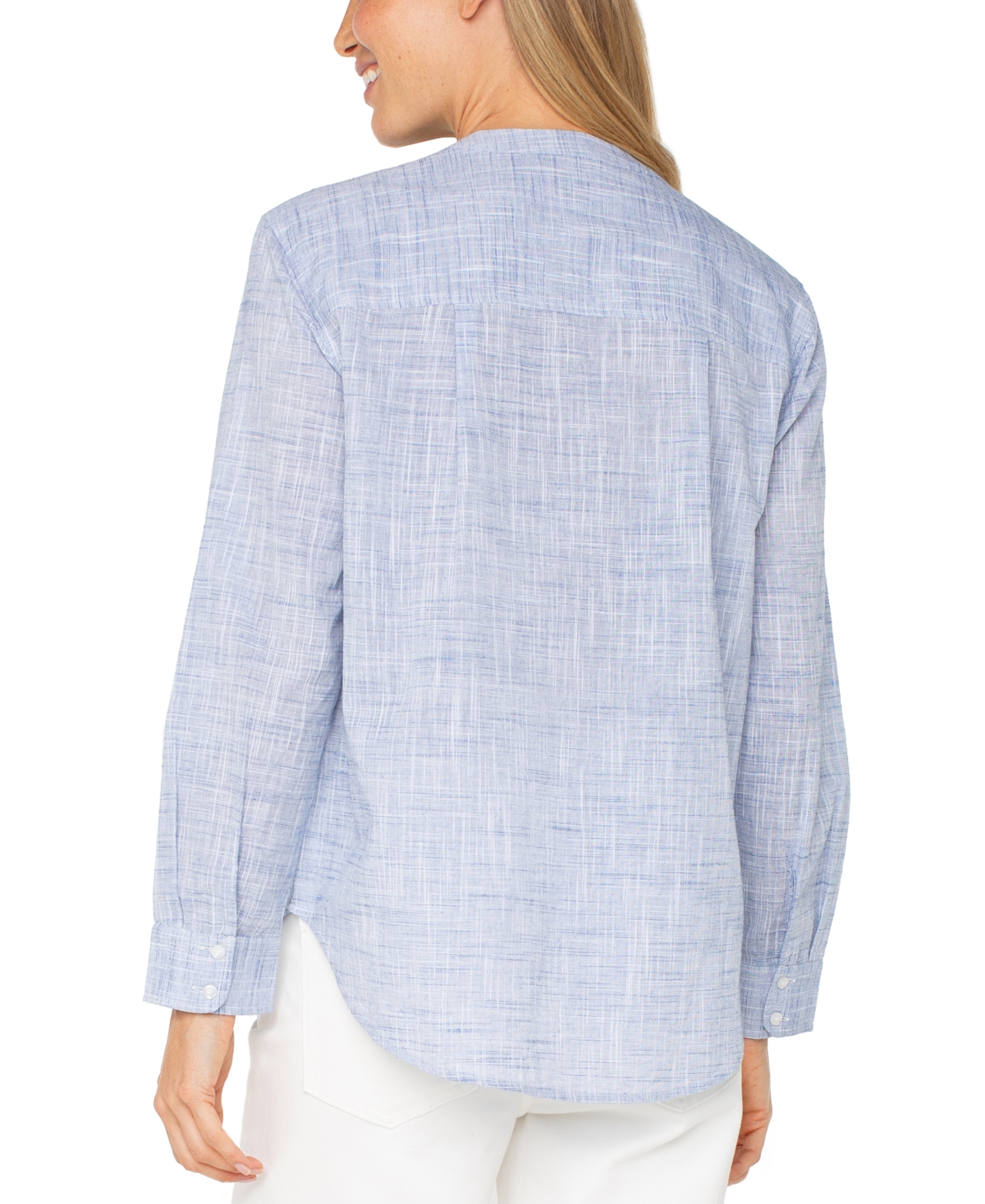 Liverpool Los Angeles Crosshatch Band Collar Cotton Button-up Shirt In Blue,white Crosshatch