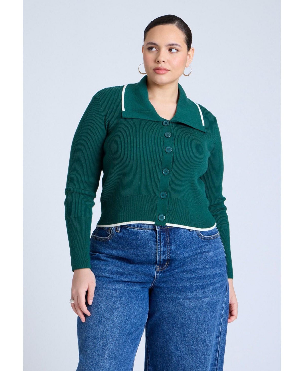 Plus Size Oversized Collar Ribbed Sweater - Green