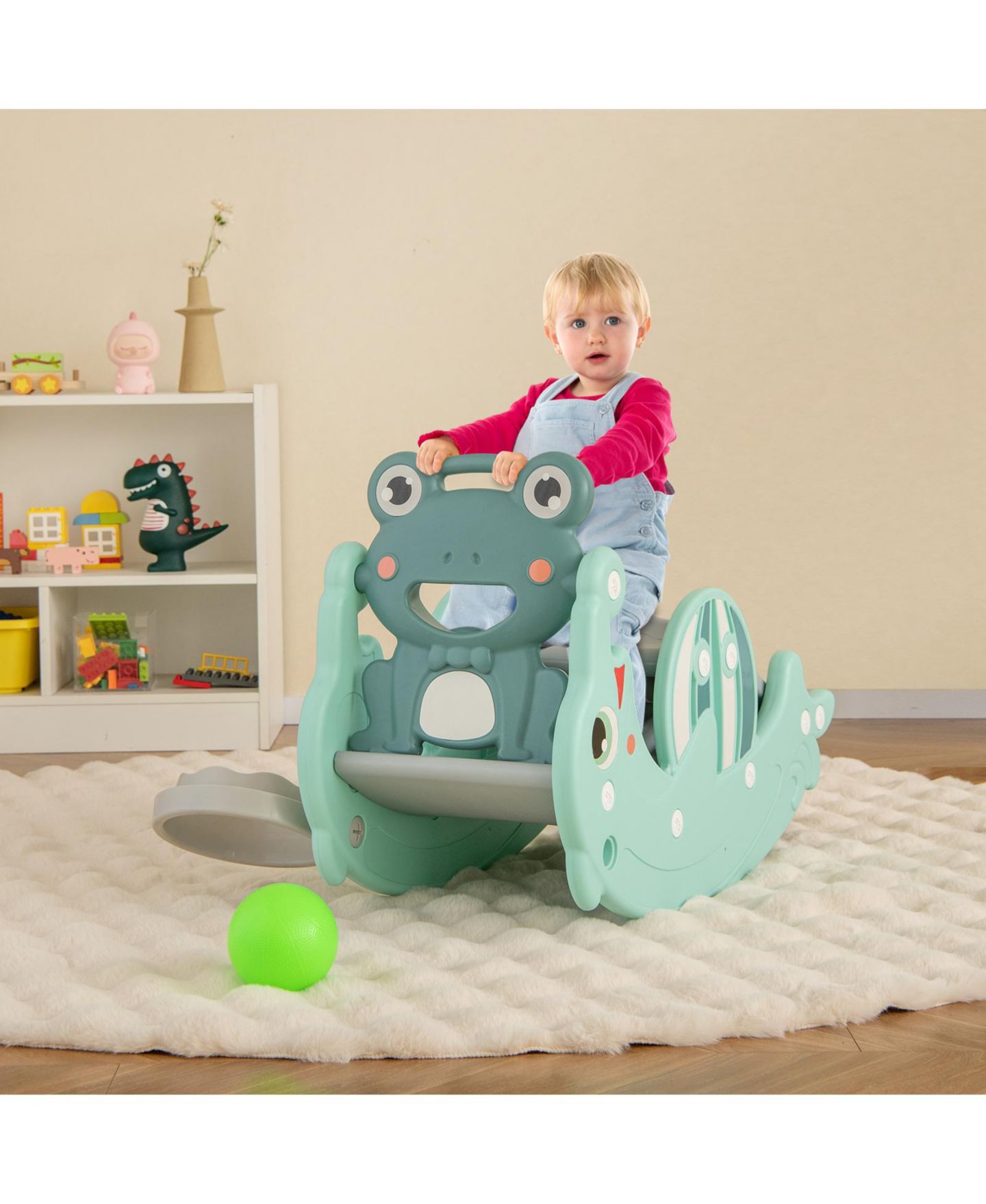 Детские игрушки GOUUN 3-in-1 Kids Slide Rocking Horse Set Convertible Toddler Slide with Basketball Hoop, цвет: Зелёный — фото 10