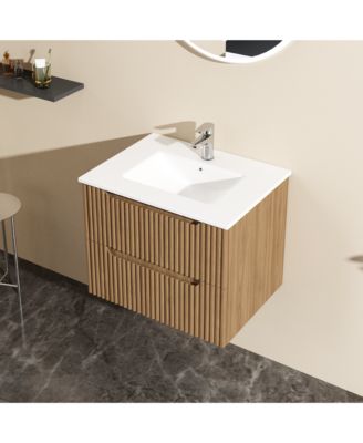 24" Wall Mounted Walnut Bathroom Vanity Cabinet with White Basin Sink Combo Floating
