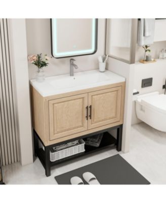 36" Bathroom Vanity with White Ceramic Sink & Faucet,Freestanding Bathroom Cabinet with 2 Storage Doors and Open iron Shelf