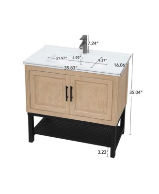 36" Bathroom Vanity with White Ceramic Sink & Faucet,Freestanding Bathroom Cabinet with 2 Storage Doors and Open iron Shelf