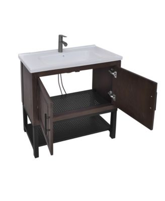 36" Freestanding Ceramic Sink Bathroom Vanity with Faucet and Iron Shelf Cabinet