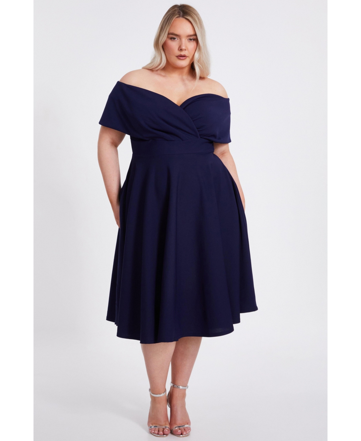 Plus Size Scuba Crepe Bardot Wrap Midi Skater Dress - Blush