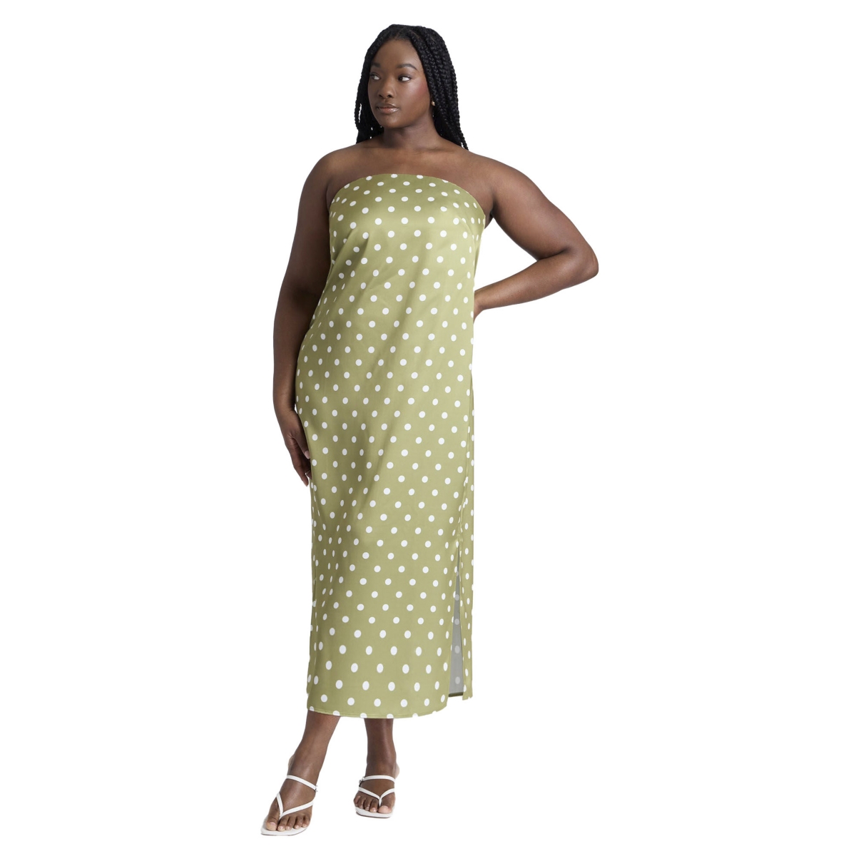 Plus Size Satin Column Dress - Green tube dot