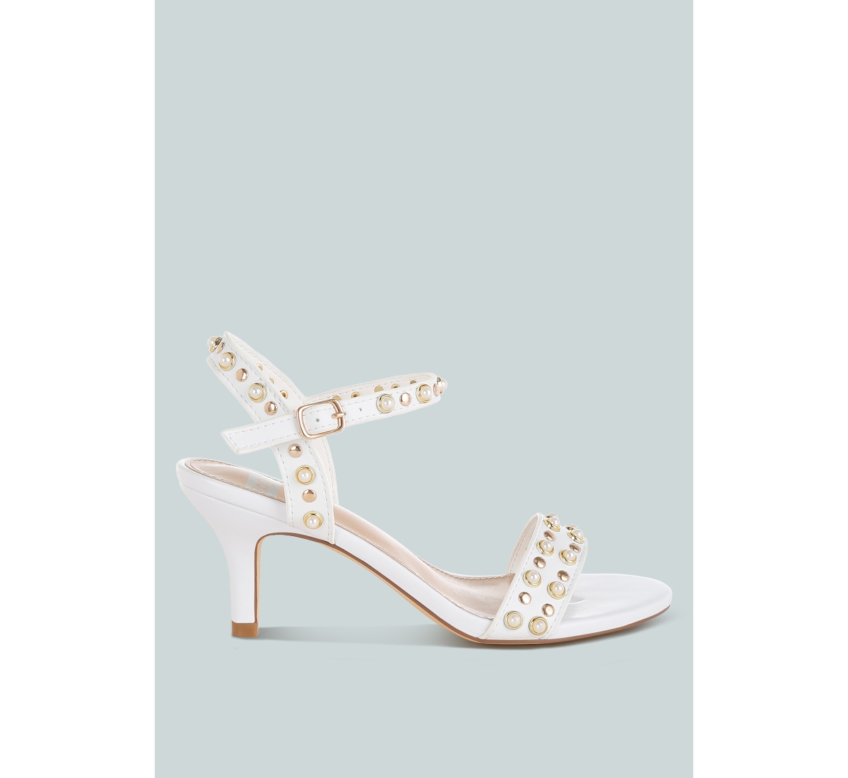 Nidara Studded Real Leather Kitten Heel Sandals - White