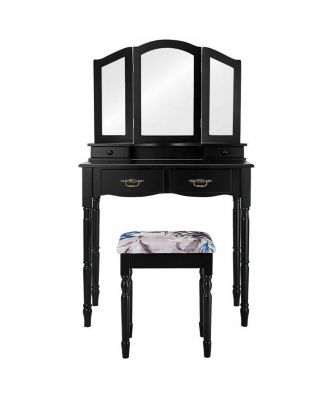 Simple Vanity Set with Tri-Folding Mirror Drawers and Storage Shelf