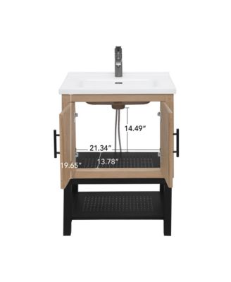 24" Bathroom Vanity with White Ceramic Sink & Faucet,Freestanding Bathroom Cabinet with 2 Storage Doors and Open iron Shelf