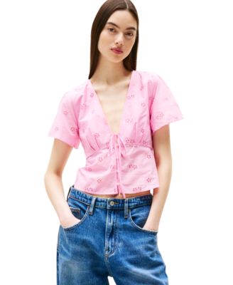 Tommy Jeans - Women's Cotton Embroidered Plunging-Neck Blouse